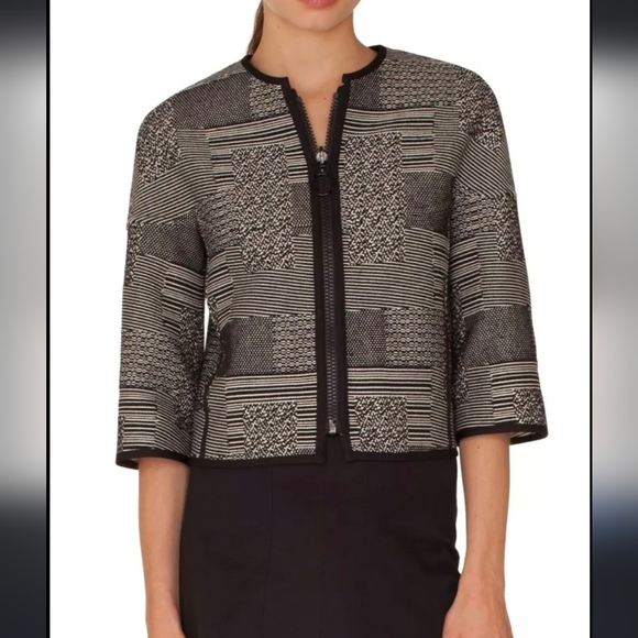 🖤 AKRIS Punto Black Cream White Jacquard Woven Zip Front Jacket US 12 425452